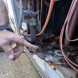 Daikin Service Gold Coast showing internal corrosion inside an outdoor Daikin ducted air conditioning unit